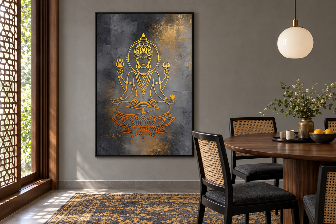 Minimalist Lord Vishnu gold and silver framed canvas wall art in a modern dining room setting.