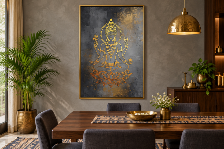 Minimalist gold Lord Vishnu outline on a dark grey framed canvas in a modern dining room.