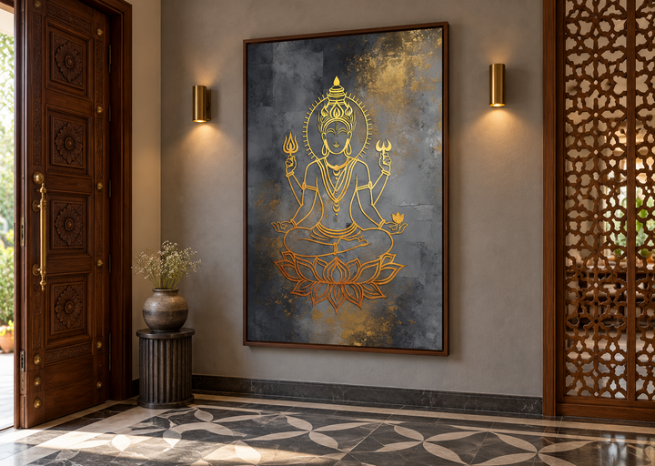 Minimalist Lord Vishnu gold and silver framed canvas wall art in a modern entryway.