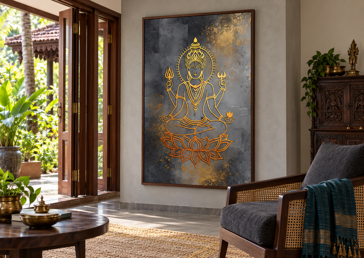 Minimalist Lord Vishnu gold and silver framed canvas wall art in a modern Indian living room.