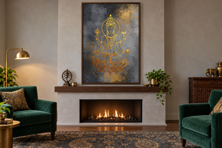 Minimalist Lord Vishnu gold and silver framed canvas wall art above a modern fireplace.