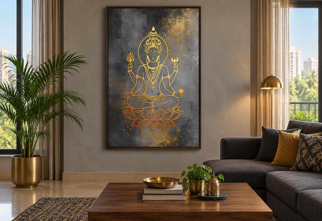 Minimalist Lord Vishnu gold and silver framed canvas wall art in a modern living room setting.