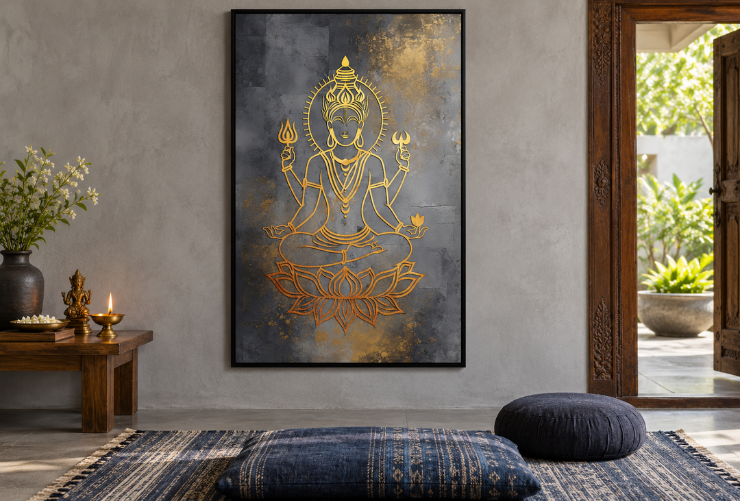 Minimalist gold Lord Vishnu line art on a dark gray framed canvas in a meditation room.