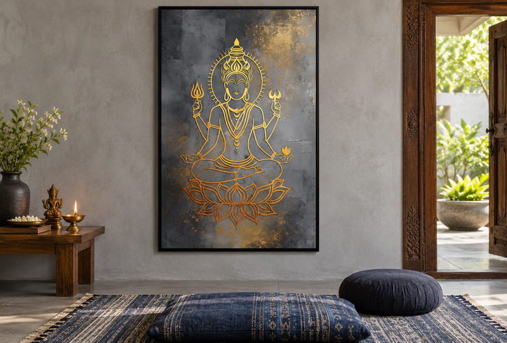 Minimalist gold Lord Vishnu line art on a dark gray framed canvas in a meditation room.