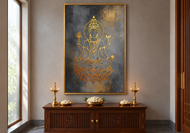 Minimalist Lord Vishnu gold and silver framed canvas wall art above a wooden console table.