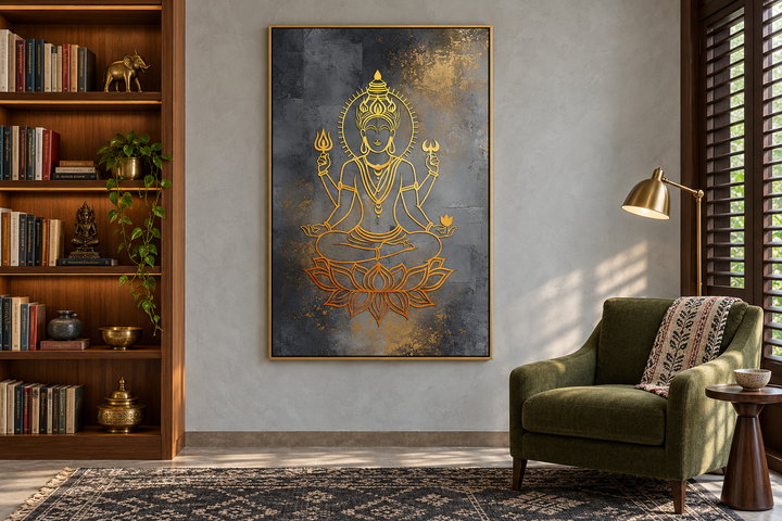 Minimalist Lord Vishnu gold and silver framed canvas wall art in a modern reading room.