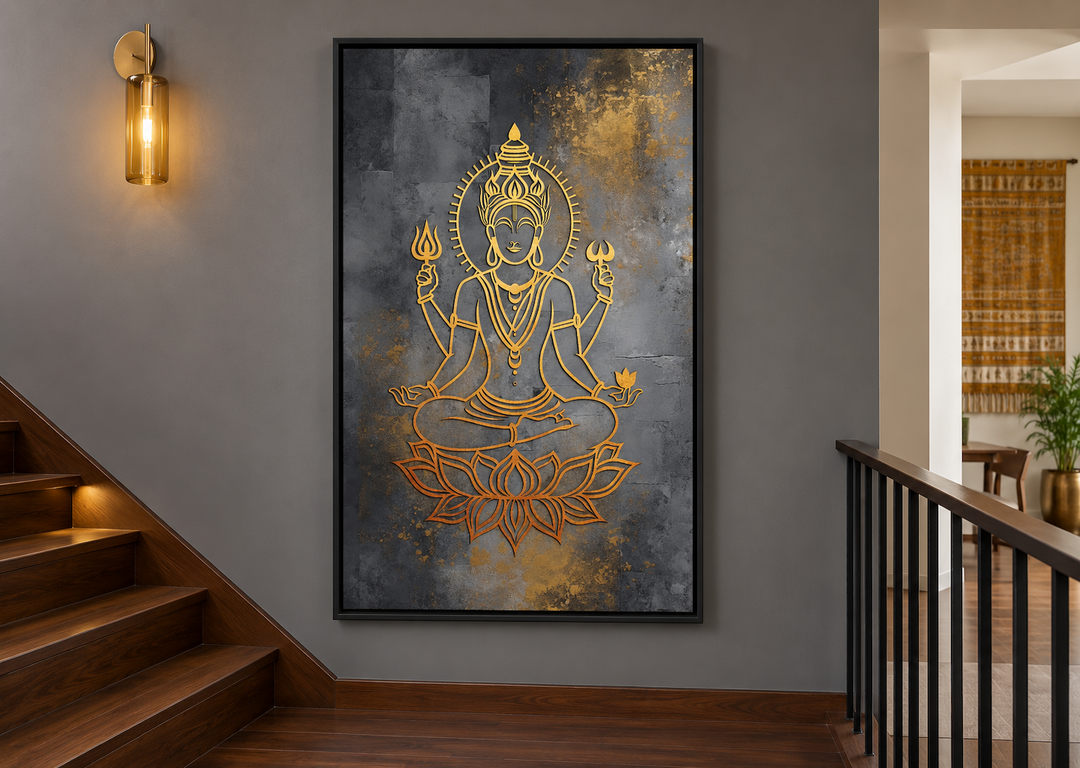 Minimalist gold Lord Vishnu line art on a dark gray framed canvas in a modern stair landing.