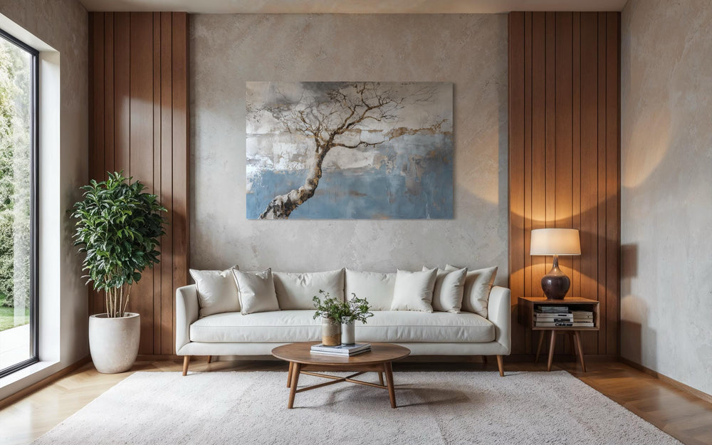 Wabi Sabi tree landscape canvas wall art in a minimalist living room above a white sofa.