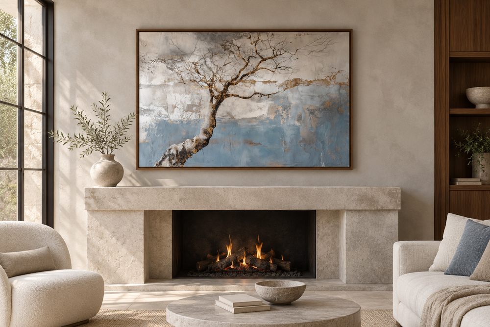 Wabi Sabi Tree Landscape Zen Canvas Wall Art displayed above a limestone fireplace in a living room.