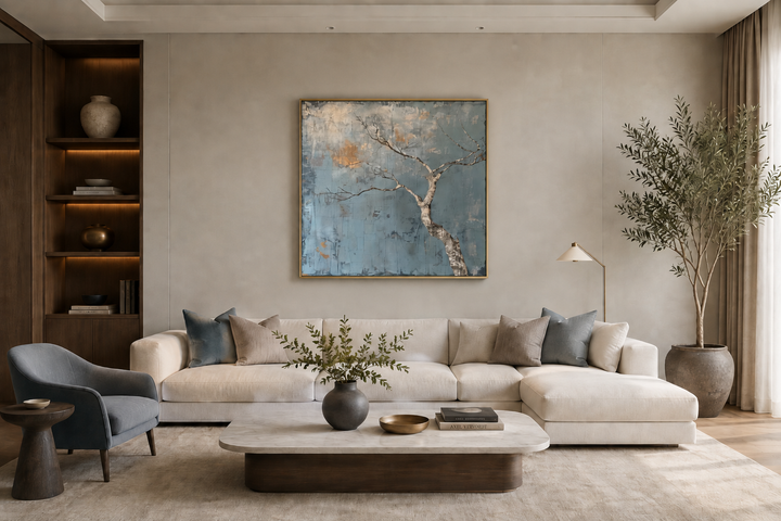 Minimalist blue and white tree Japanese wabi sabi framed canvas wall art above a white sofa.