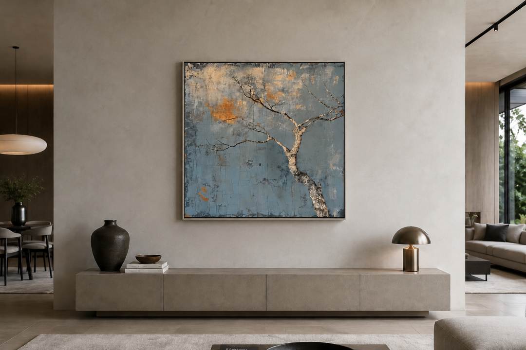 Minimalist blue and white tree framed canvas wall art in a wabi sabi style living room.