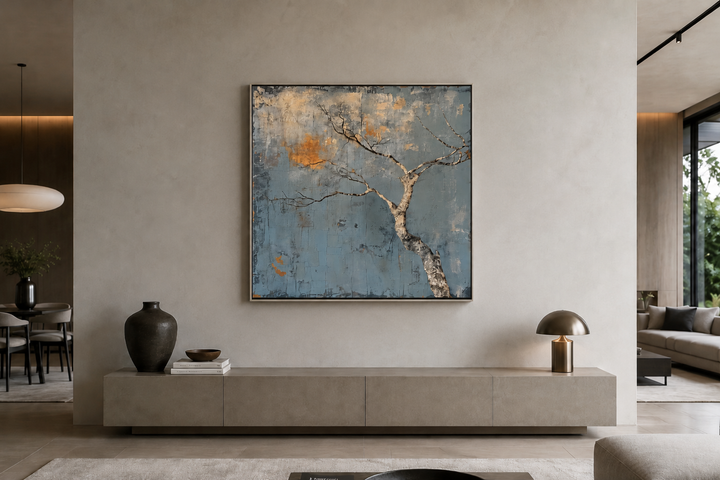 Minimalist blue and white tree framed canvas wall art in a wabi sabi style living room.
