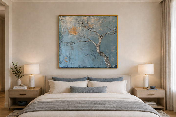 Minimalist framed canvas wall art of a bare tree on a textured blue background above a bed.