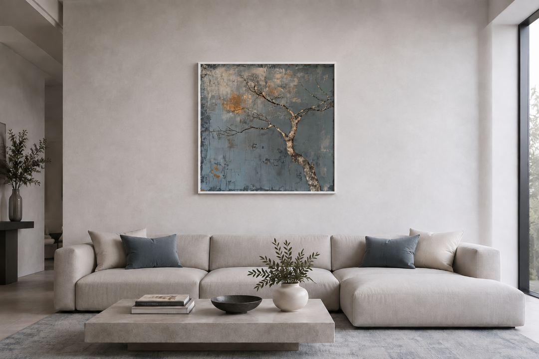 Minimalist blue and white tree Japanese wabi sabi framed canvas wall art above a beige sofa.