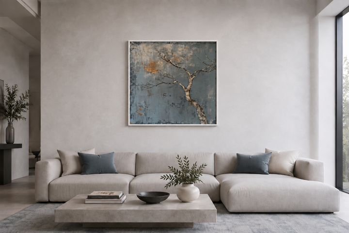 Minimalist blue and white tree Japanese wabi sabi framed canvas wall art above a beige sofa.