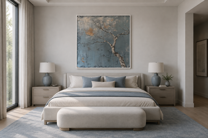 Minimalist blue and white tree Japanese wabi sabi framed canvas wall art above a bed.
