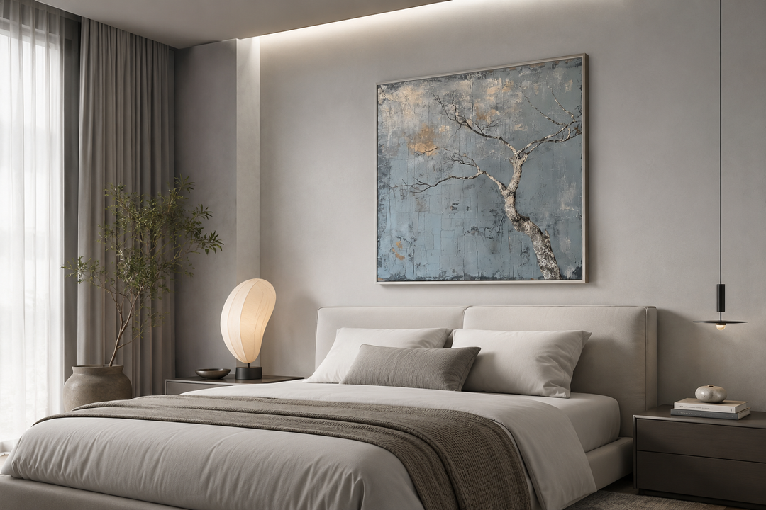Minimalist blue and white tree framed canvas wall art in a wabi-sabi style bedroom.