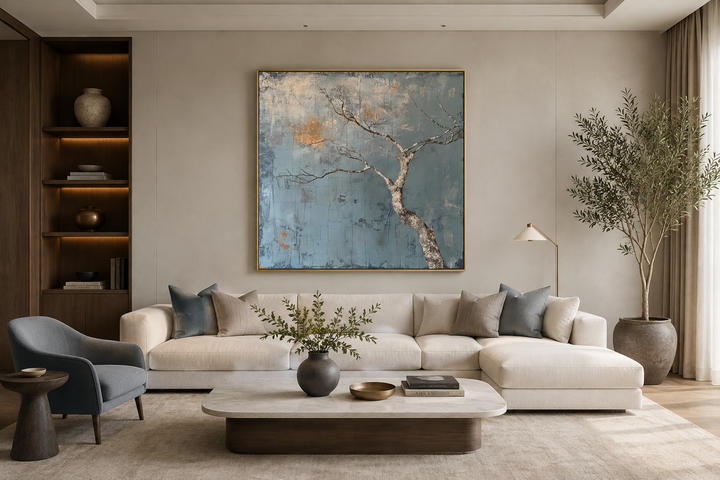Minimalist blue and white tree Japanese wabi sabi framed canvas wall art above a white sofa.