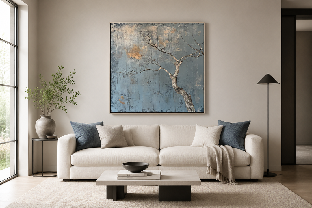 Minimalist blue and white Japanese wabi sabi framed canvas wall art of a tree above a white sofa.