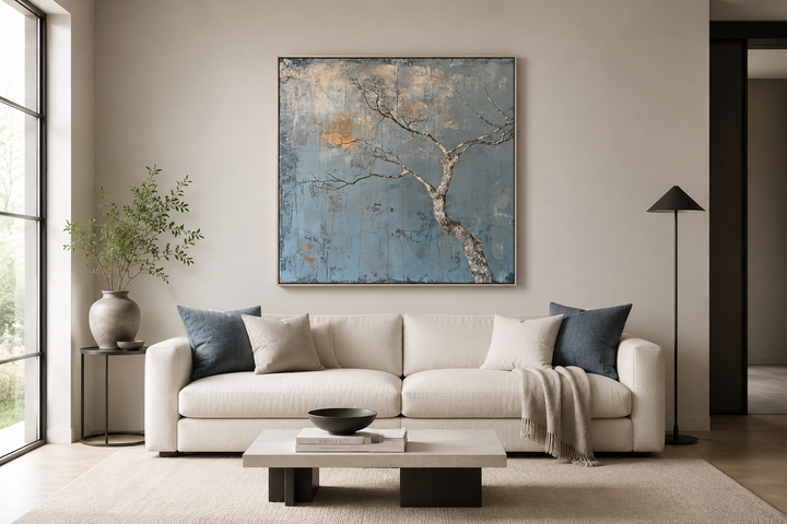 Minimalist blue and white Japanese wabi sabi framed canvas wall art of a tree above a white sofa.