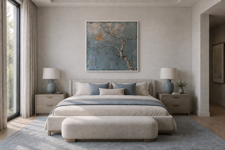 Minimalist square framed canvas wall art featuring a bare tree on a muted blue textured background.