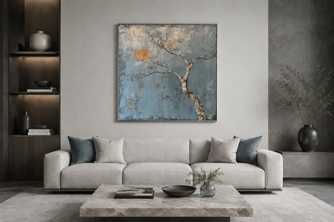 Minimalist blue and white tree Japanese wabi sabi framed canvas wall art above a modern sofa.
