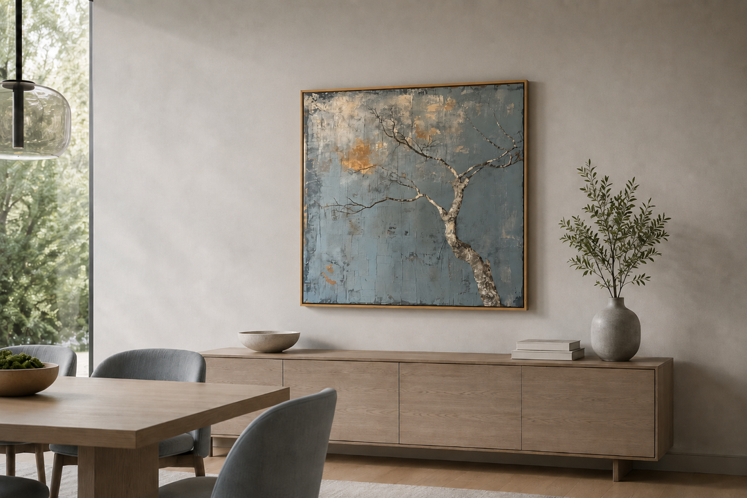 Minimalist Japanese wabi sabi framed canvas art featuring a bare tree on a textured blue background.