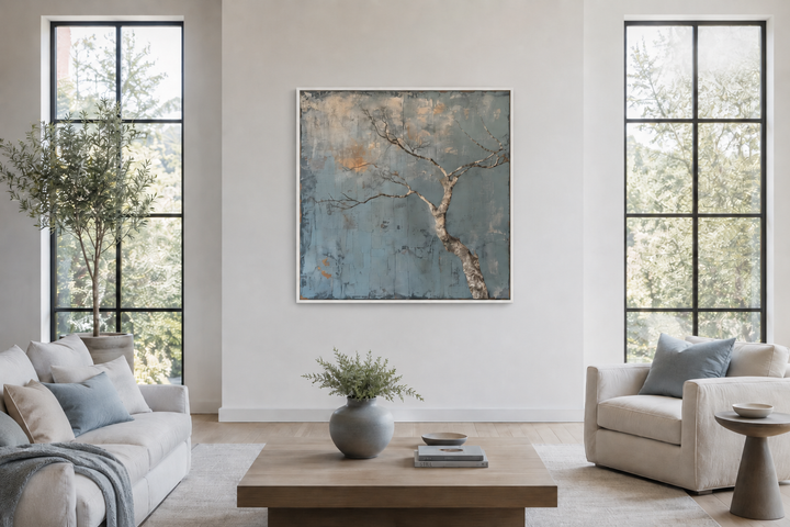 Minimalist blue and white Japanese wabi sabi framed canvas wall art featuring a bare tree.