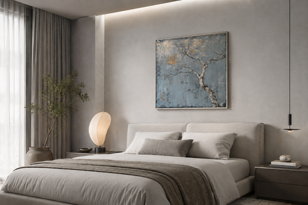 Minimalist blue and white framed canvas wall art of a tree in a wabi sabi style bedroom.