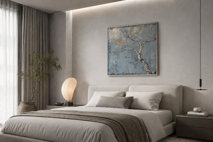 Minimalist blue and white framed canvas wall art of a tree in a wabi sabi style bedroom.