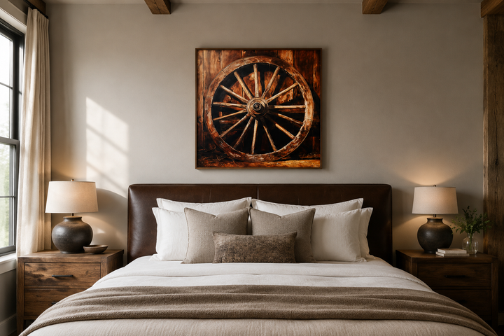 Wagon Wheel Wild West framed canvas wall art hanging above a bed in a rustic bedroom.