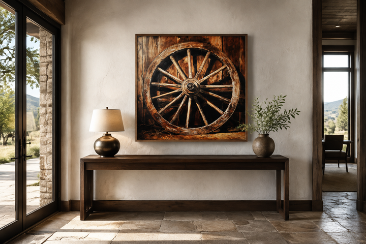 Wagon Wheel Wild West Framed Canvas Wall Art above a wooden console table in a rustic entryway.