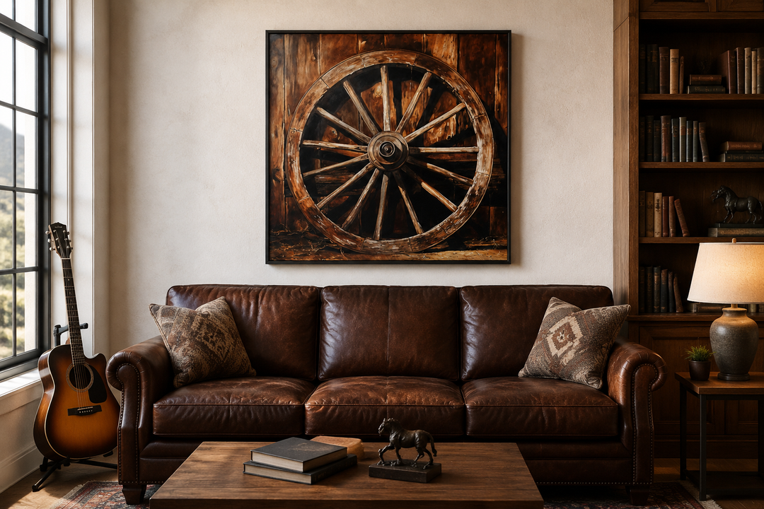Wagon Wheel Wild West Framed Canvas Wall Art hanging above a brown leather sofa in a rustic room.