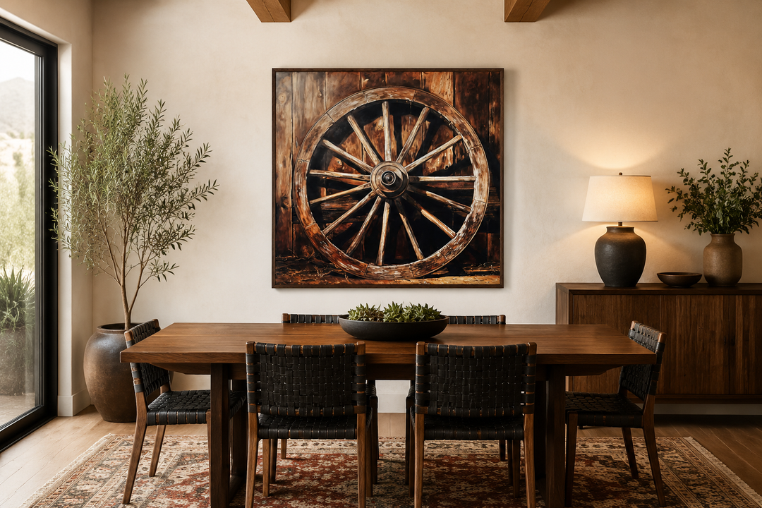 Wagon Wheel Wild West Framed Canvas Wall Art in a rustic dining room setting.