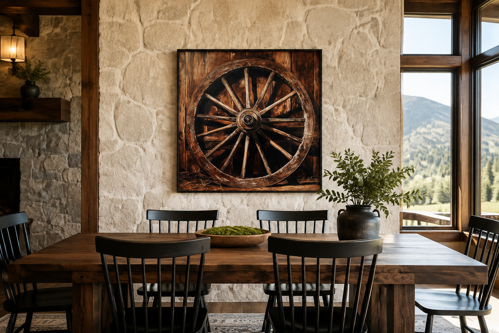 Wagon Wheel Wild West Framed Canvas Wall Art hanging on a stone wall in a rustic dining room.