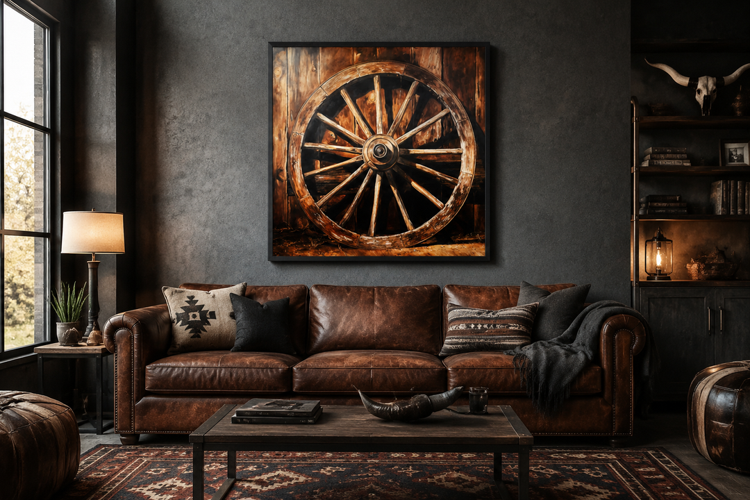 Wagon Wheel Wild West framed canvas wall art hanging above a brown leather sofa in a rustic room.