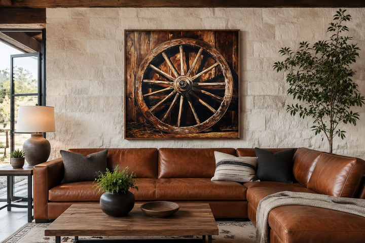 Wagon Wheel Wild West Framed Canvas Wall Art hanging above a brown leather sectional sofa.