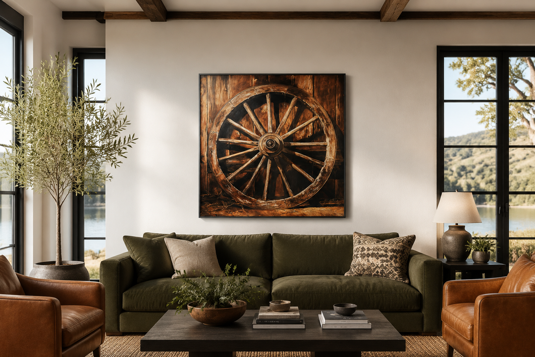 Wagon Wheel Wild West framed canvas wall art hanging above a green sofa in a rustic living room.
