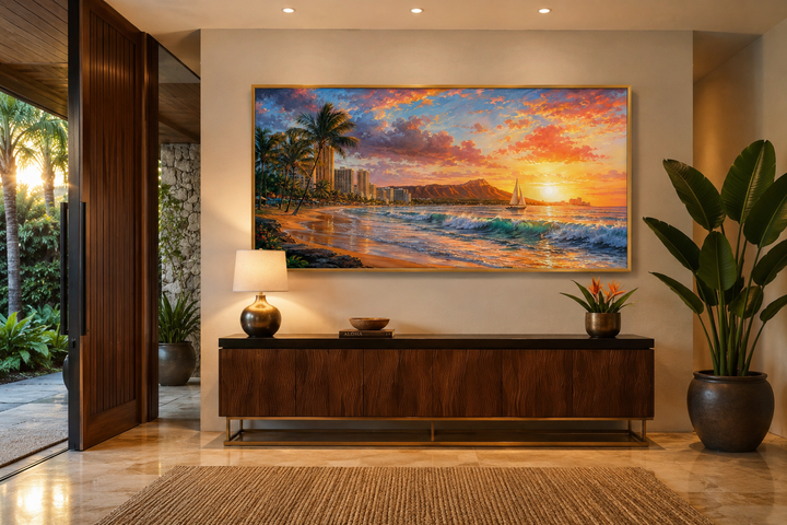 Waikiki Coast Framed Canvas Wall Art featuring a sunrise beach scene over a wooden sideboard.