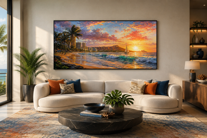 Waikiki Coast framed canvas wall art depicting a sunrise over Honolulu beach above a modern sofa.