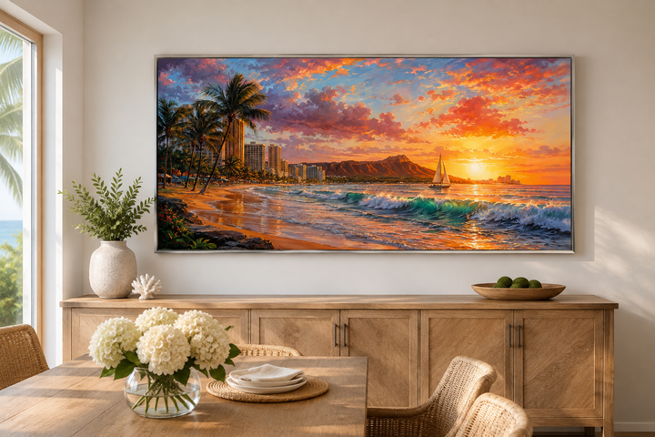 Waikiki Coast framed canvas wall art featuring a sunrise beach scene above a wooden sideboard.