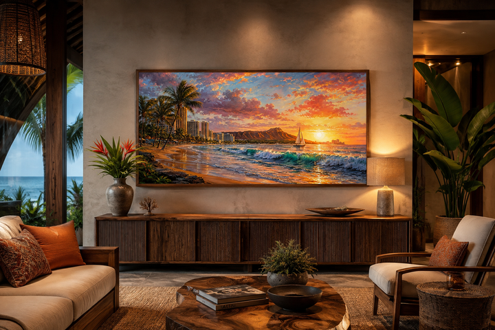 Waikiki Coast framed canvas wall art featuring a sunrise over Honolulu beach in a living room.