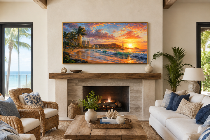 Waikiki Coast framed canvas wall art showing a sunrise beach scene above a living room fireplace.