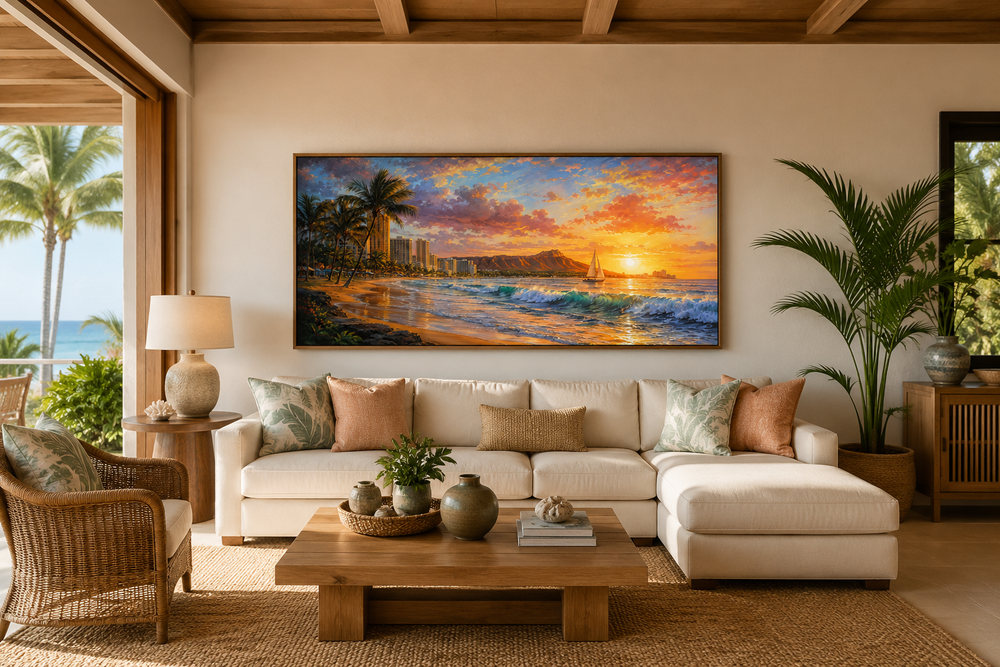 Waikiki Coast framed canvas wall art featuring a sunrise beach scene above a white sectional sofa.