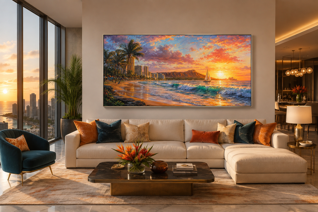 Waikiki Coast Framed Canvas Wall Art featuring a sunrise beach scene above a modern white sofa.