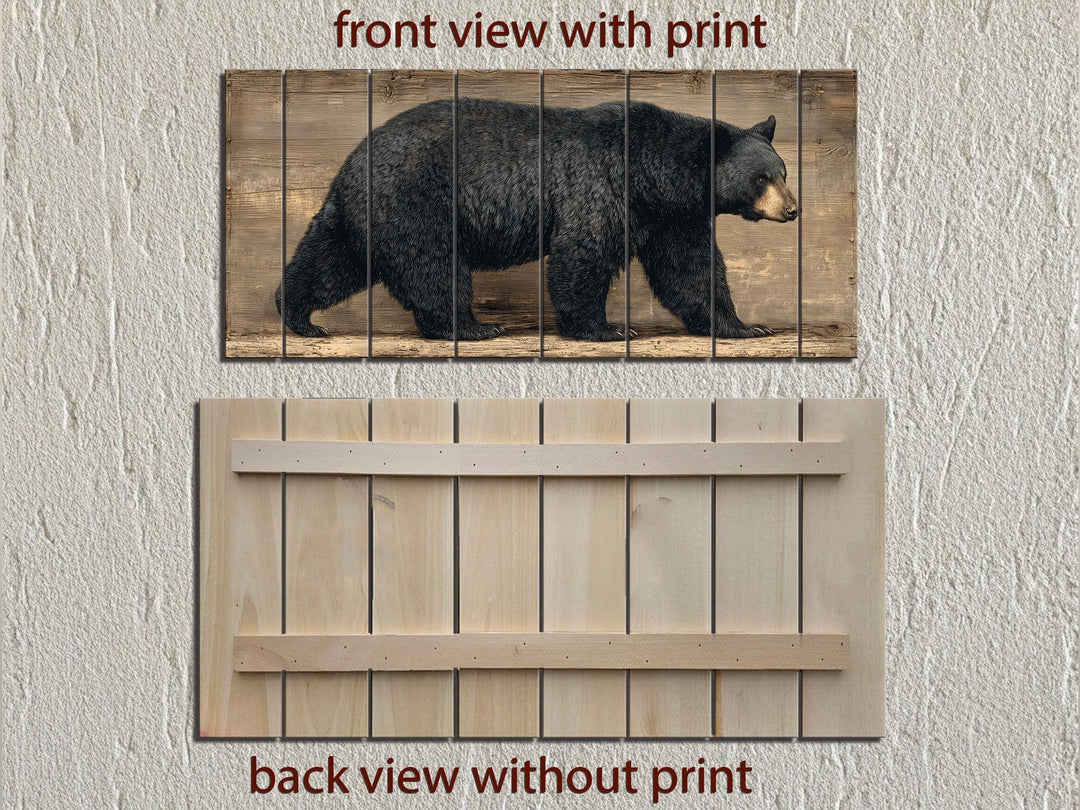 Horizontal wood plank wall art featuring a walking black bear, shown in front and back views.