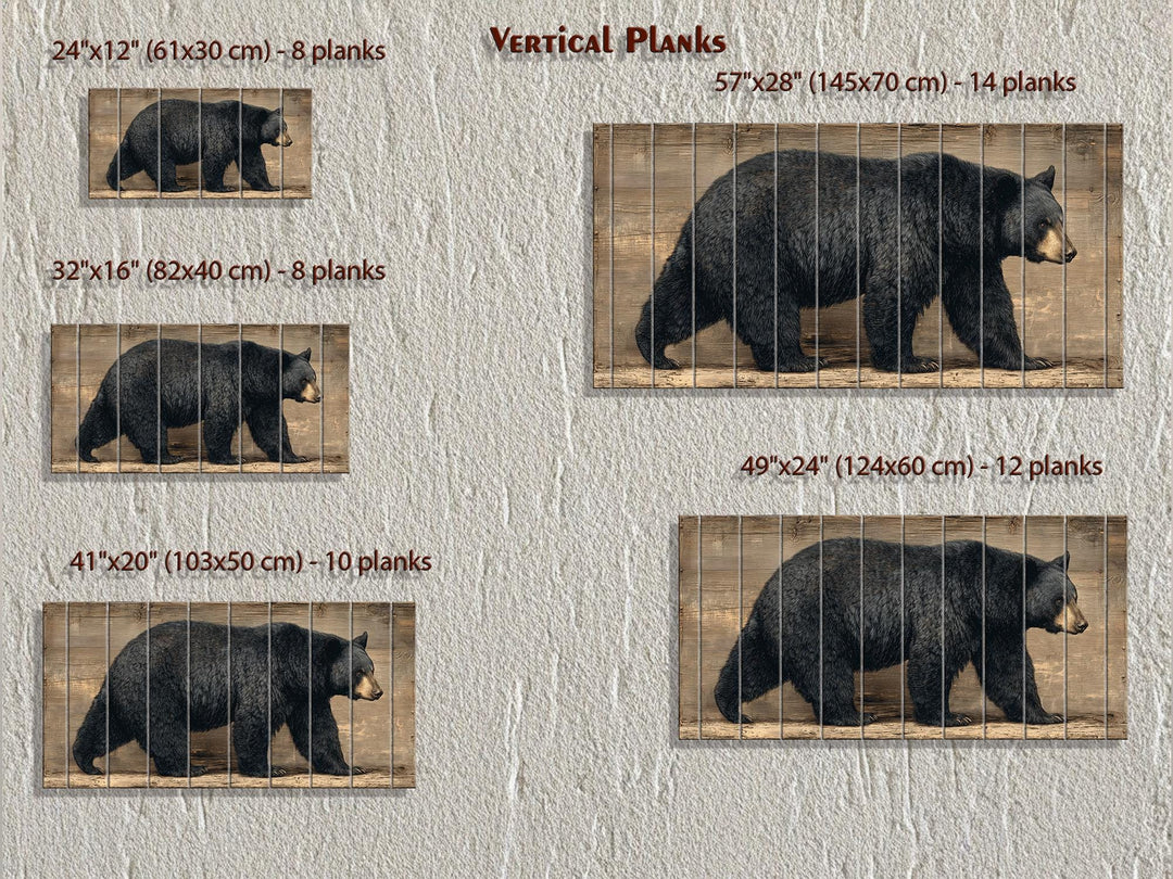 Walking black bear wall art on vertical wood planks, available in five sizes.