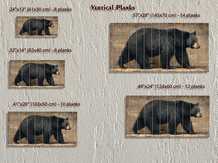 Walking black bear wall art on vertical wood planks, available in five sizes.