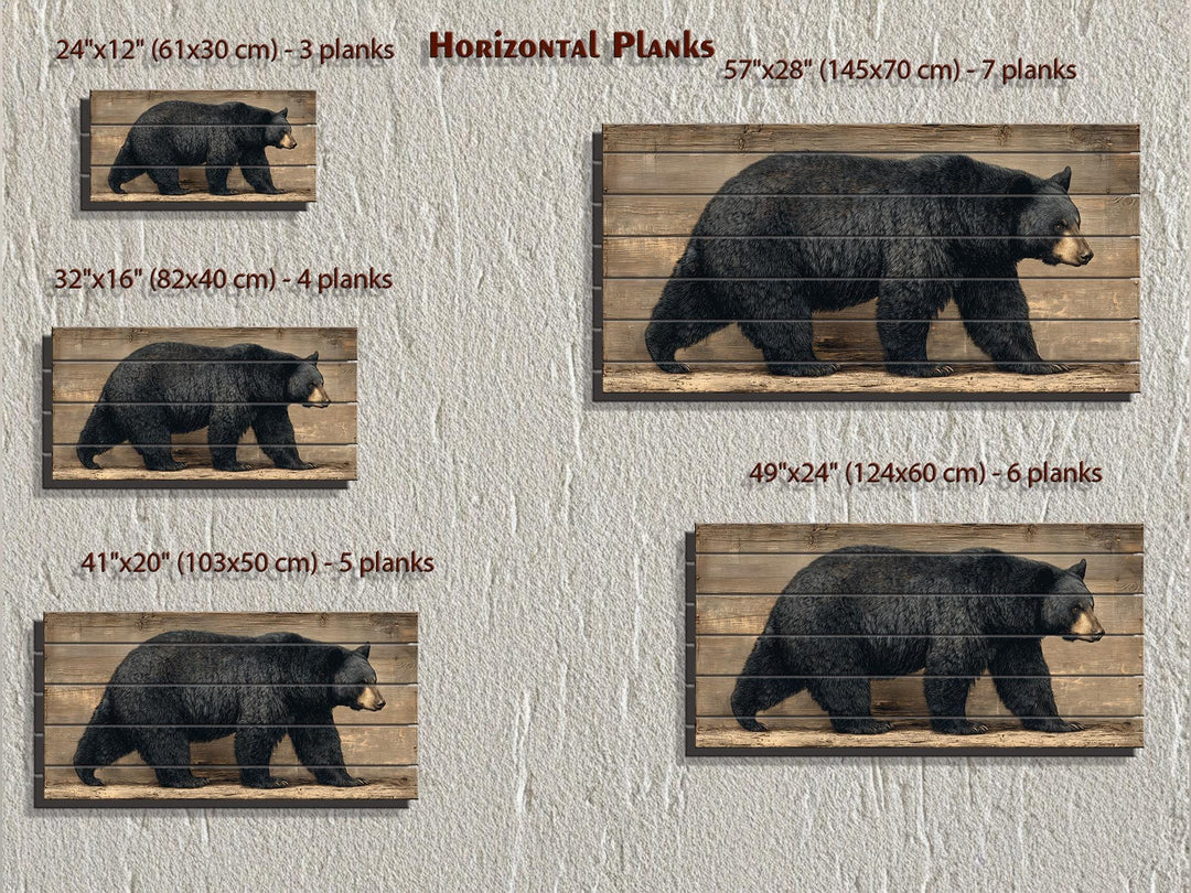 Horizontal wood wall art featuring a walking black bear, available in five sizes and plank counts.