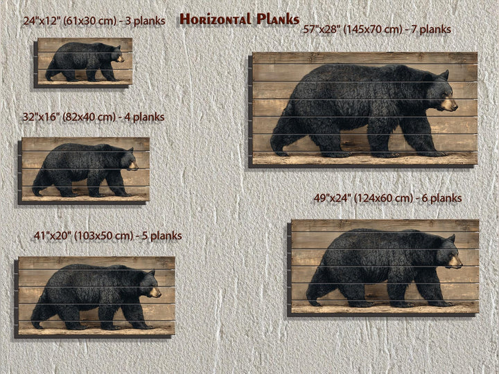 Horizontal wood wall art featuring a walking black bear, available in five sizes and plank counts.